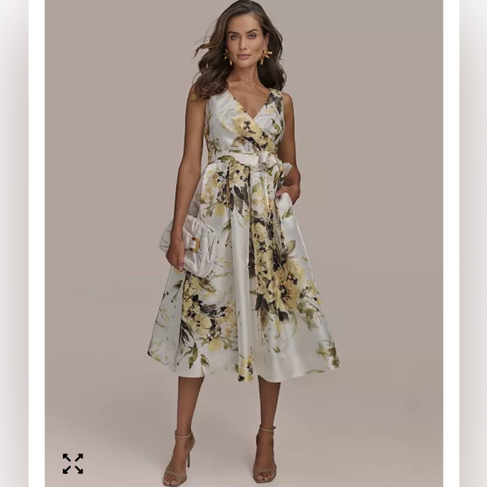 Donna Karan Cream Midi Dress with Yellow Floral Print